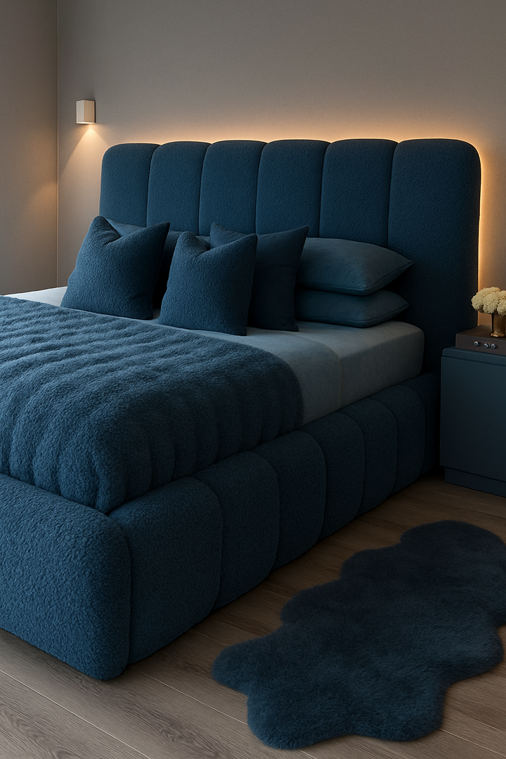 Upholstered Double Sleigh Ottoman Bed with Panelled Headboard – Designer Ivy