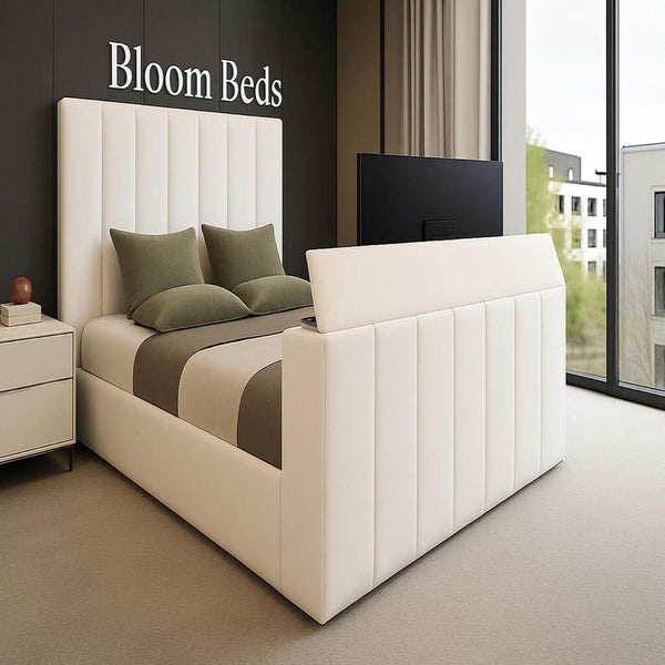 Luxury UK TV bed with integrated TV lift and modern panelled headboard