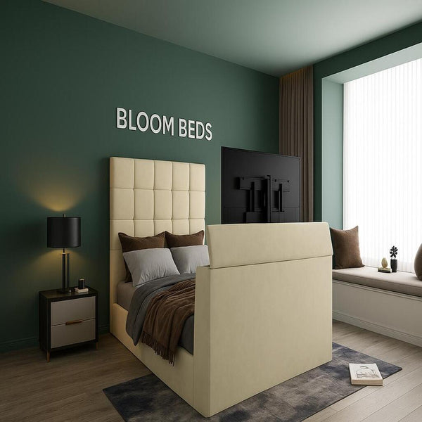 Modern Double TV Bed with Panelled Headboard and Storage